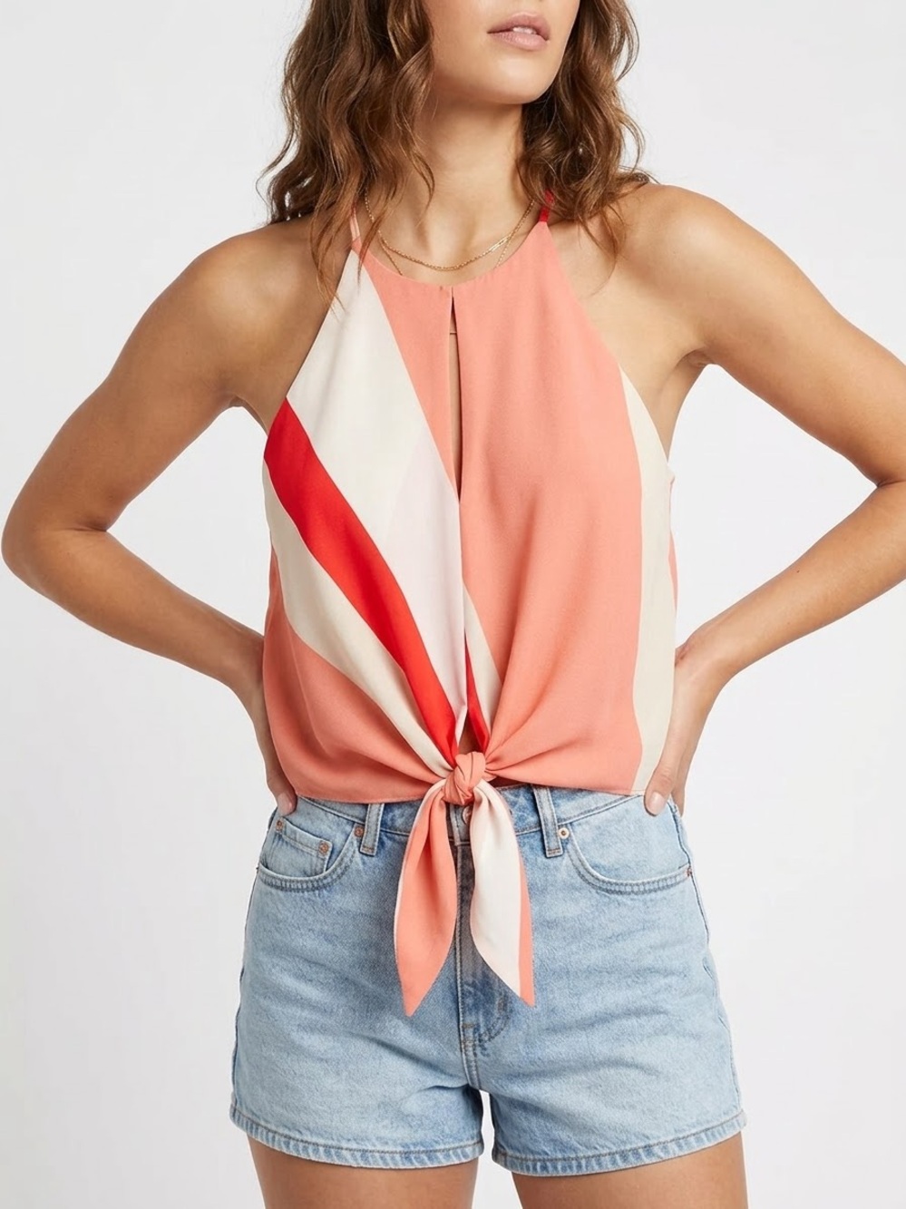 Tyche Coral and Ivory Tie-Front Halter Camisole with Red Stripe